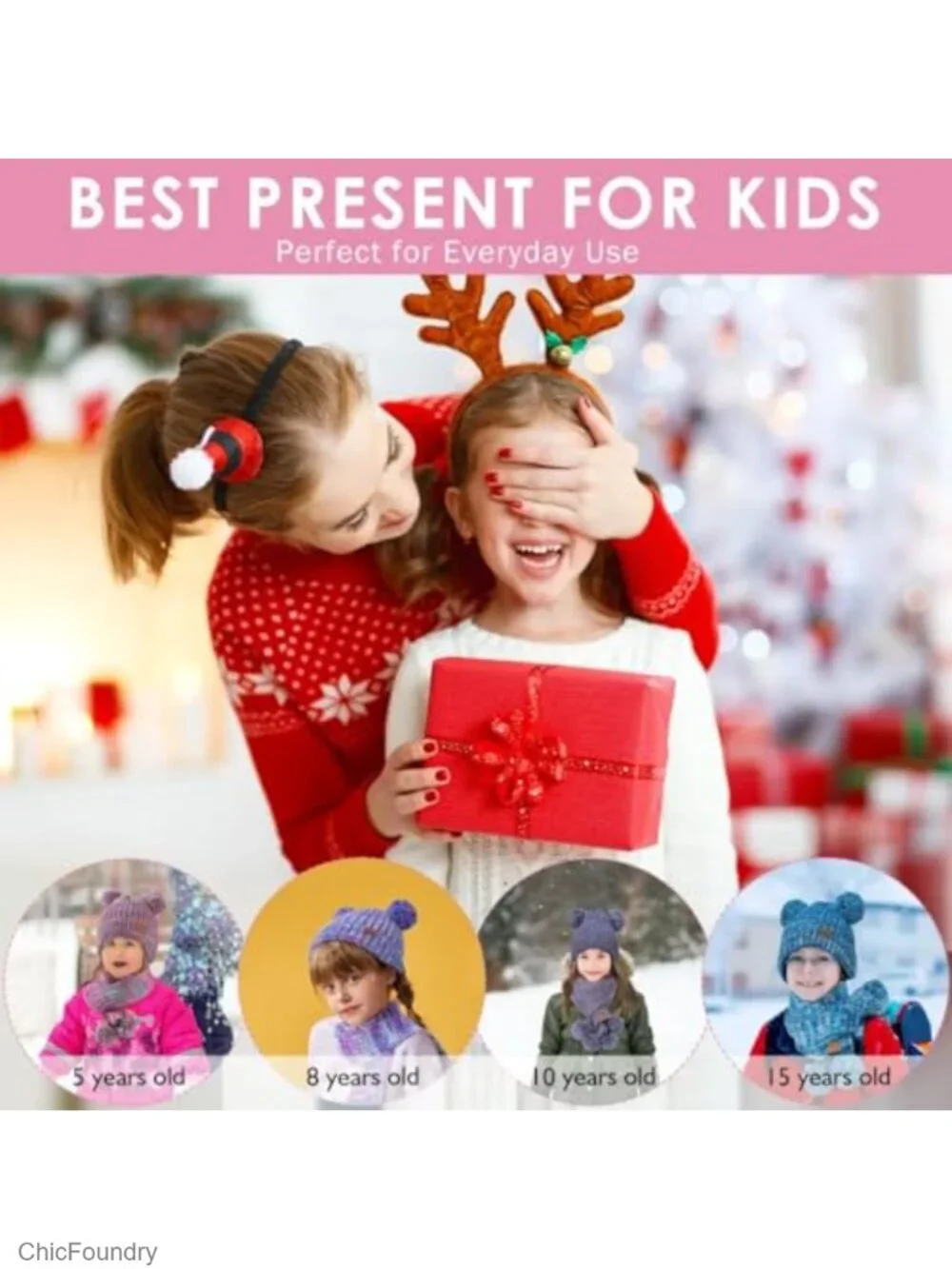 Kids Winter Hat Gloves Scarf Set Beanie with Pom Knit Neck Warmer Gaiter